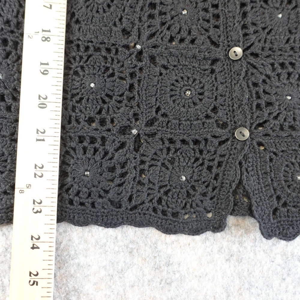 Vintage 90s Crochet Cardigan Womens Medium Black Beaded Granny Square Top Ramie - Picture 5 of 6